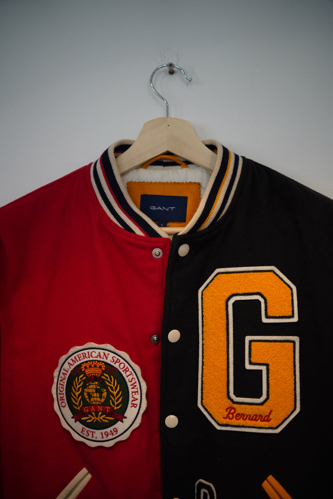 Gant Red, Black, Yellow and White Leather Sleeves Press-Stud Varsity Jacket