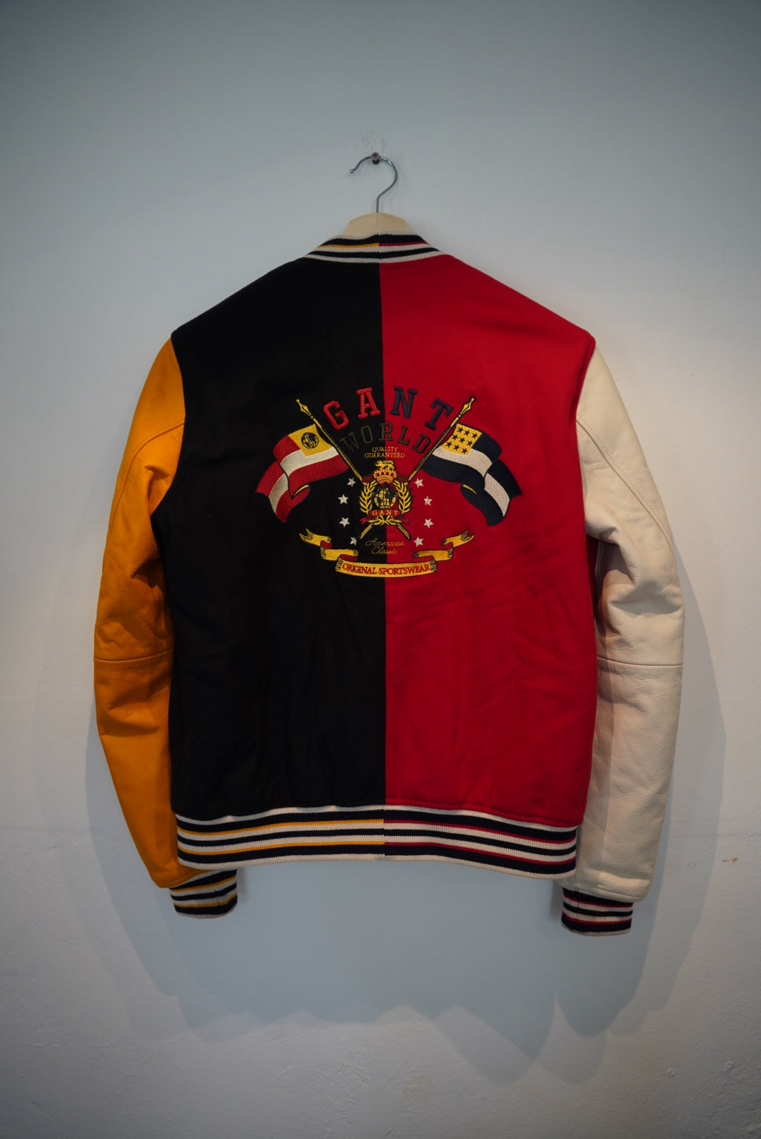 Gant Red, Black, Yellow and White Leather Sleeves Press-Stud Varsity Jacket