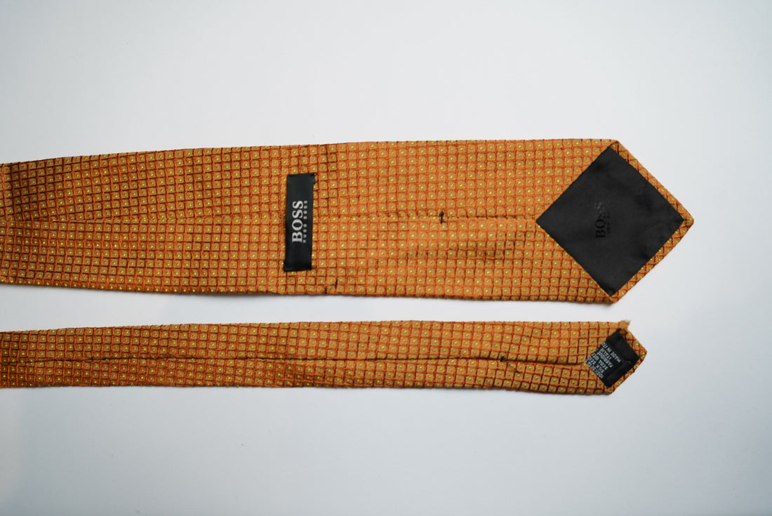 Hugo Boss Yellow Checkered and Dotted Silk Tie