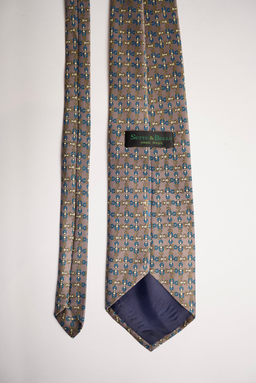 Sette & Bello Grey Hand Made Blue and Gold Chain Print Silk Tie