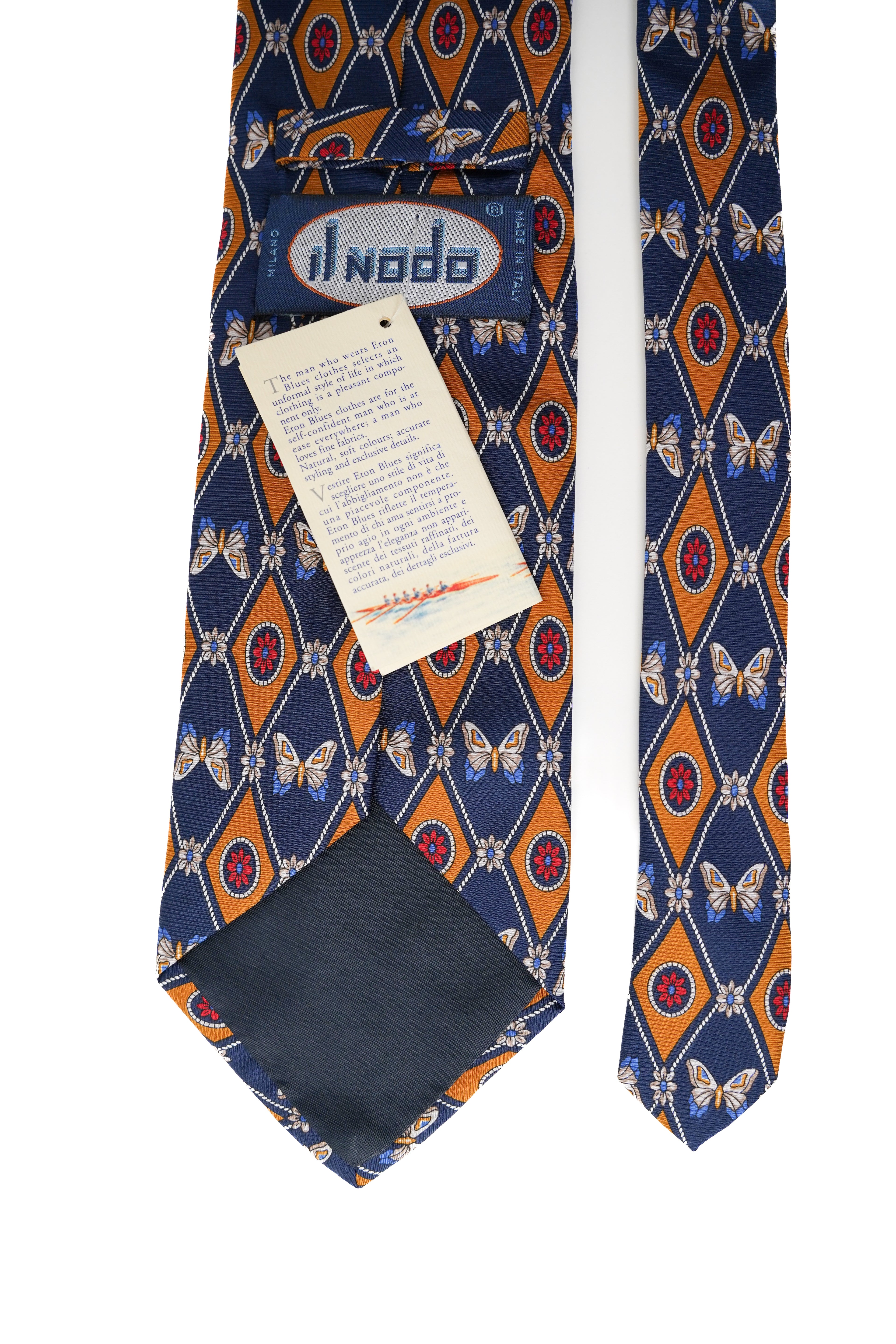 Il Nodo Vintage-Krawatte aus marineblauer und gelber Harlekin-Seide
