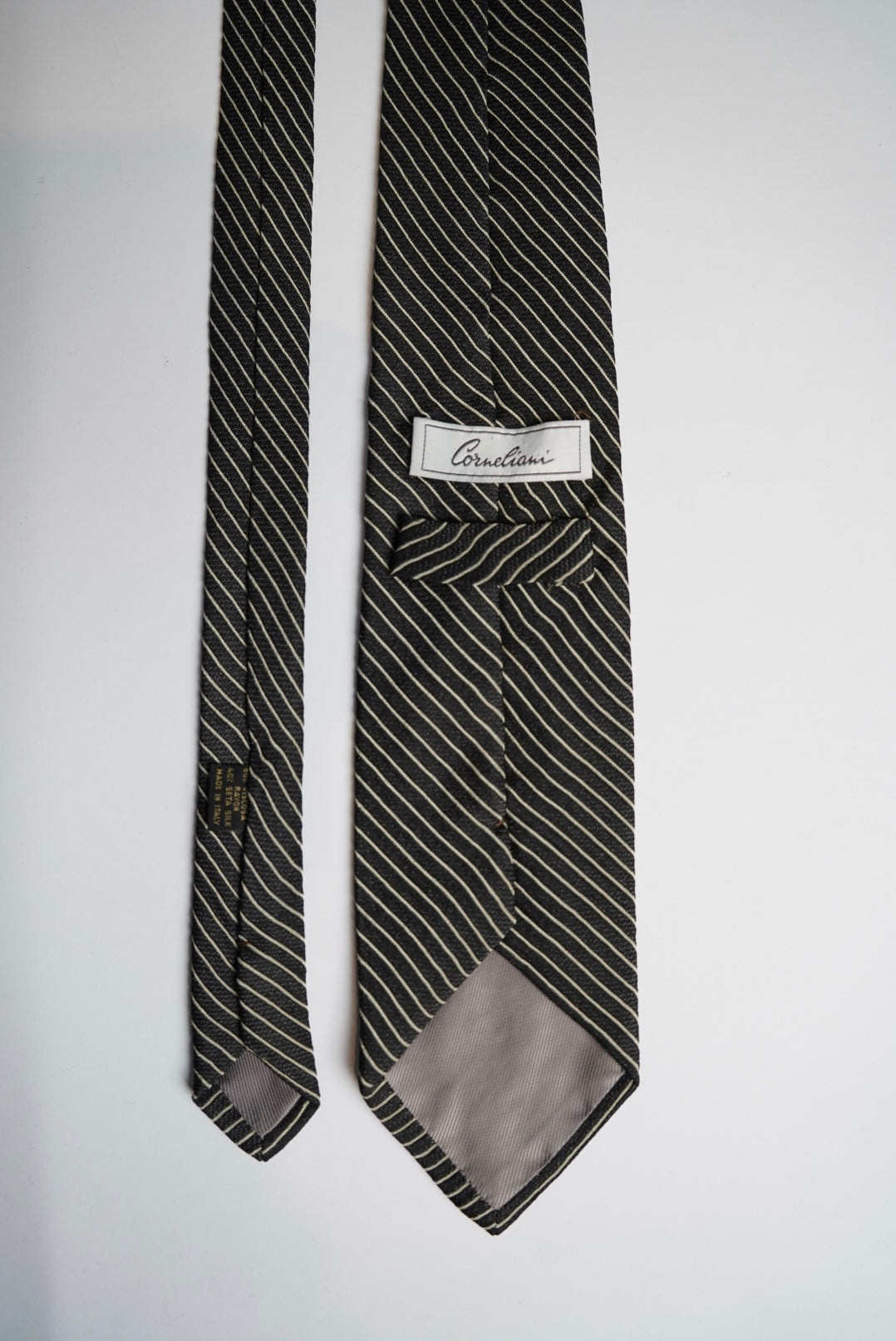 Corneliani Dark Grey and White Striped Silk Tie
