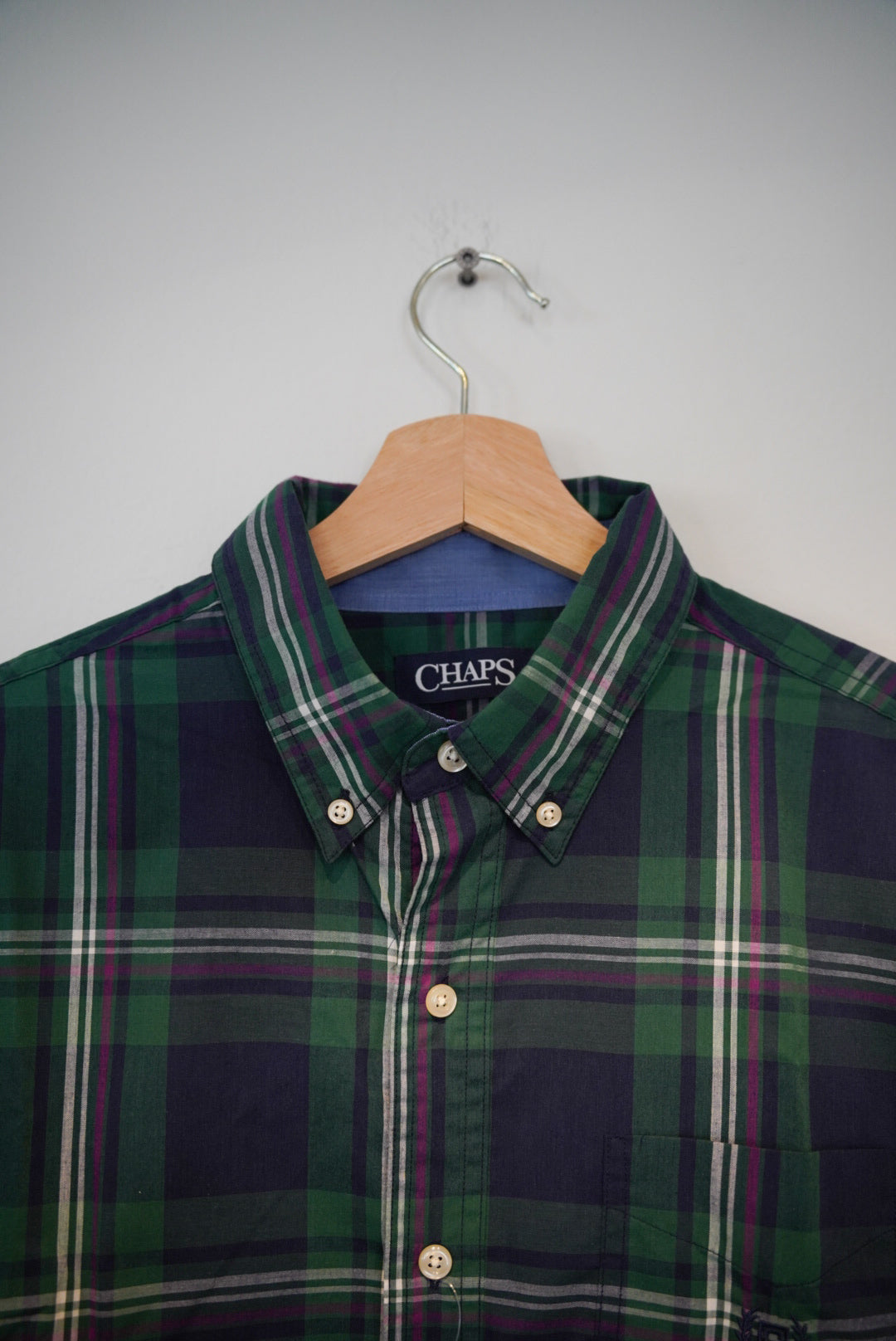 Ralph Lauren Chaps Green and Navy Checkered Easy Care Cotton Shirt
