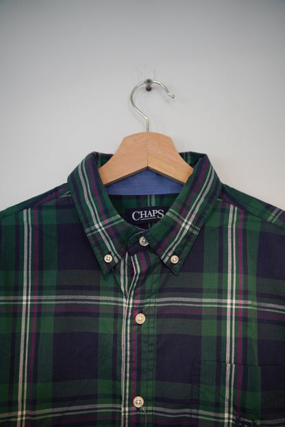 Ralph Lauren Chaps Green and Navy Checkered Easy Care Cotton Shirt