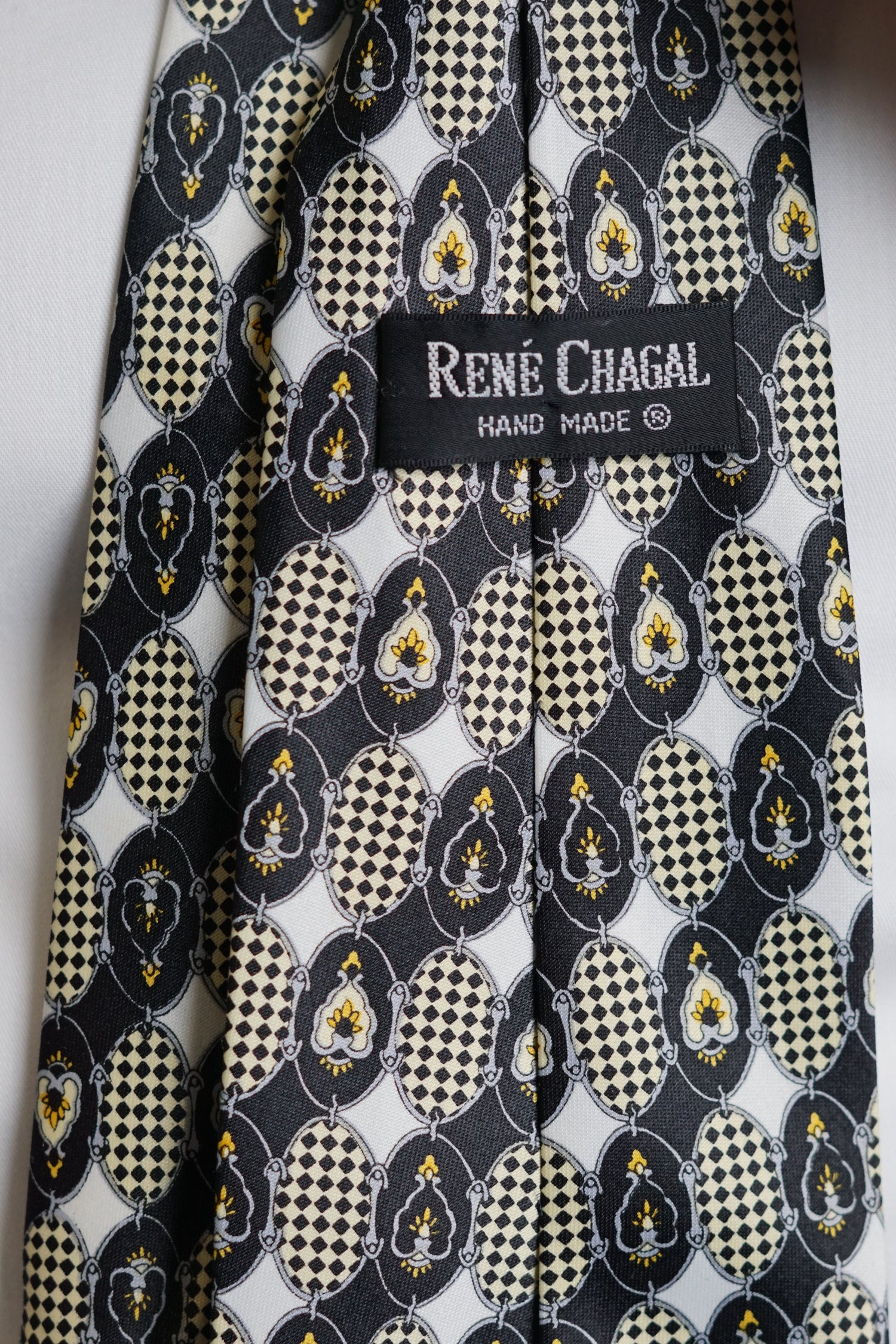 René Chagal Black and Creme Hand Made Vintage Myung Joo Silk Tie