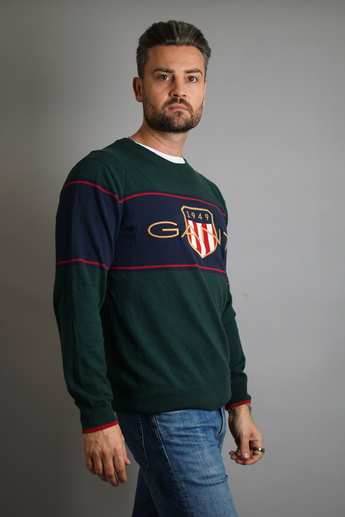 Gant Green &amp; Navy Crest O-Neck Knitted Sweater