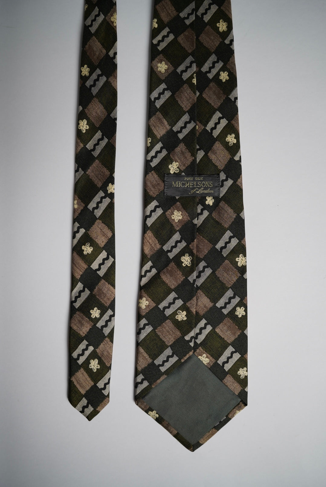 Michelsons Brown, Green and Grey Checkered Vintage Silk Tie