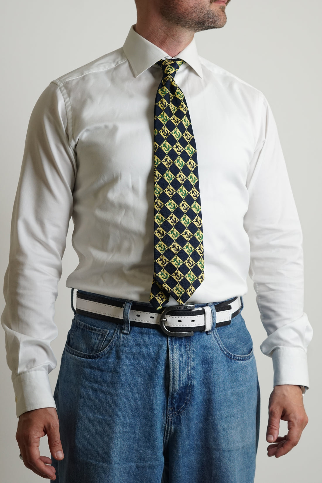 Redgreen Vintage Navy and Yellow Sqaured Silk Tie