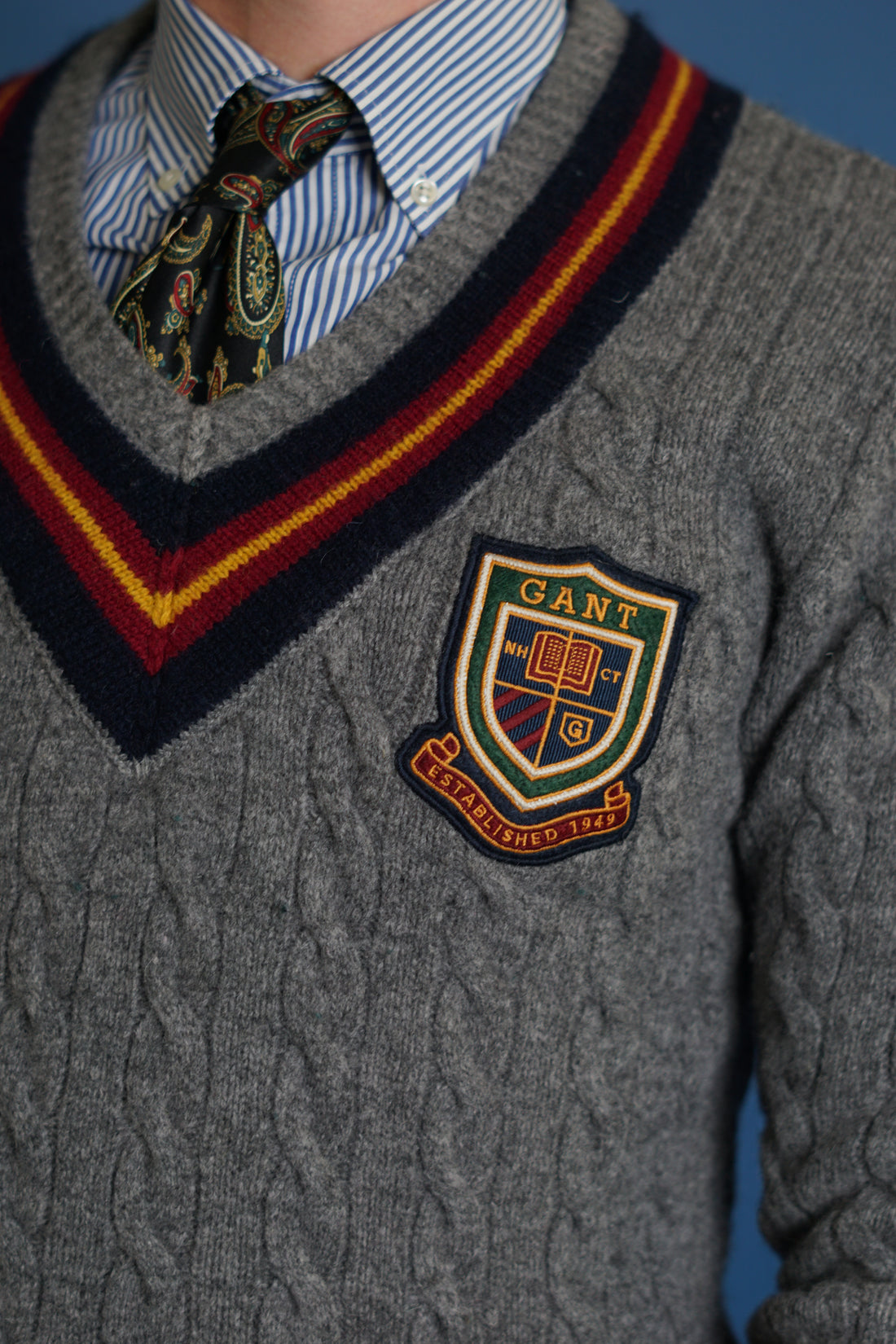 Gant Grey Ivy League Crest Lamb Wool Knit V-Neck