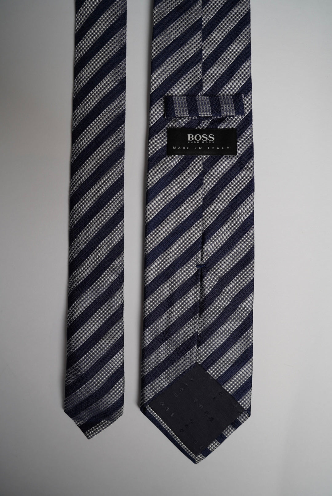 Hugo Boss Navy and Light Blue Striped Slim Silk Tie