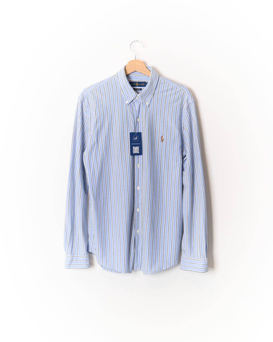 Ralph Lauren Light Blue, Dark Grey and White Striped Knit Oxford Button Down Cotton Shirt