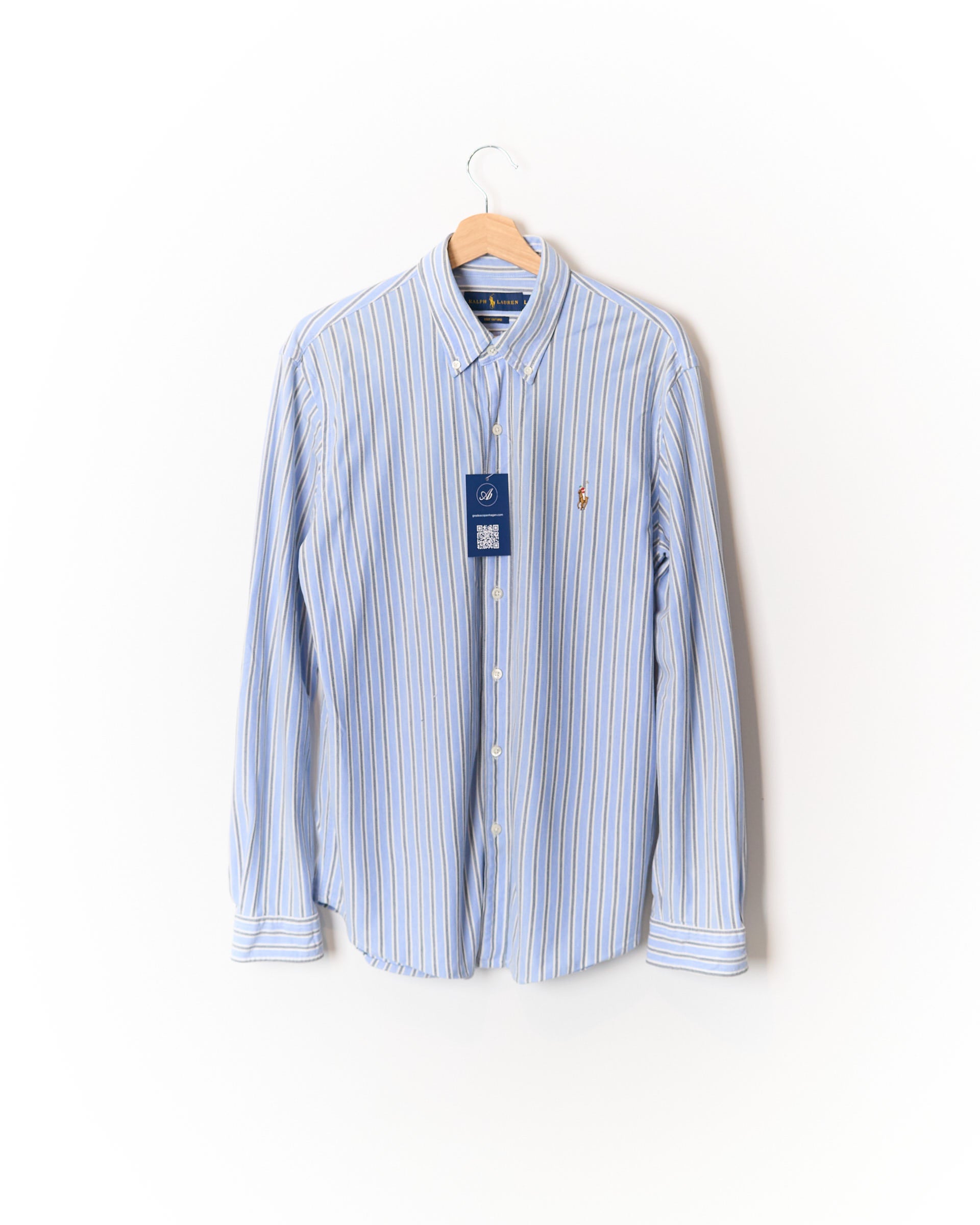 Ralph Lauren Light Blue, Dark Grey and White Striped Knit Oxford Button Down Cotton Shirt