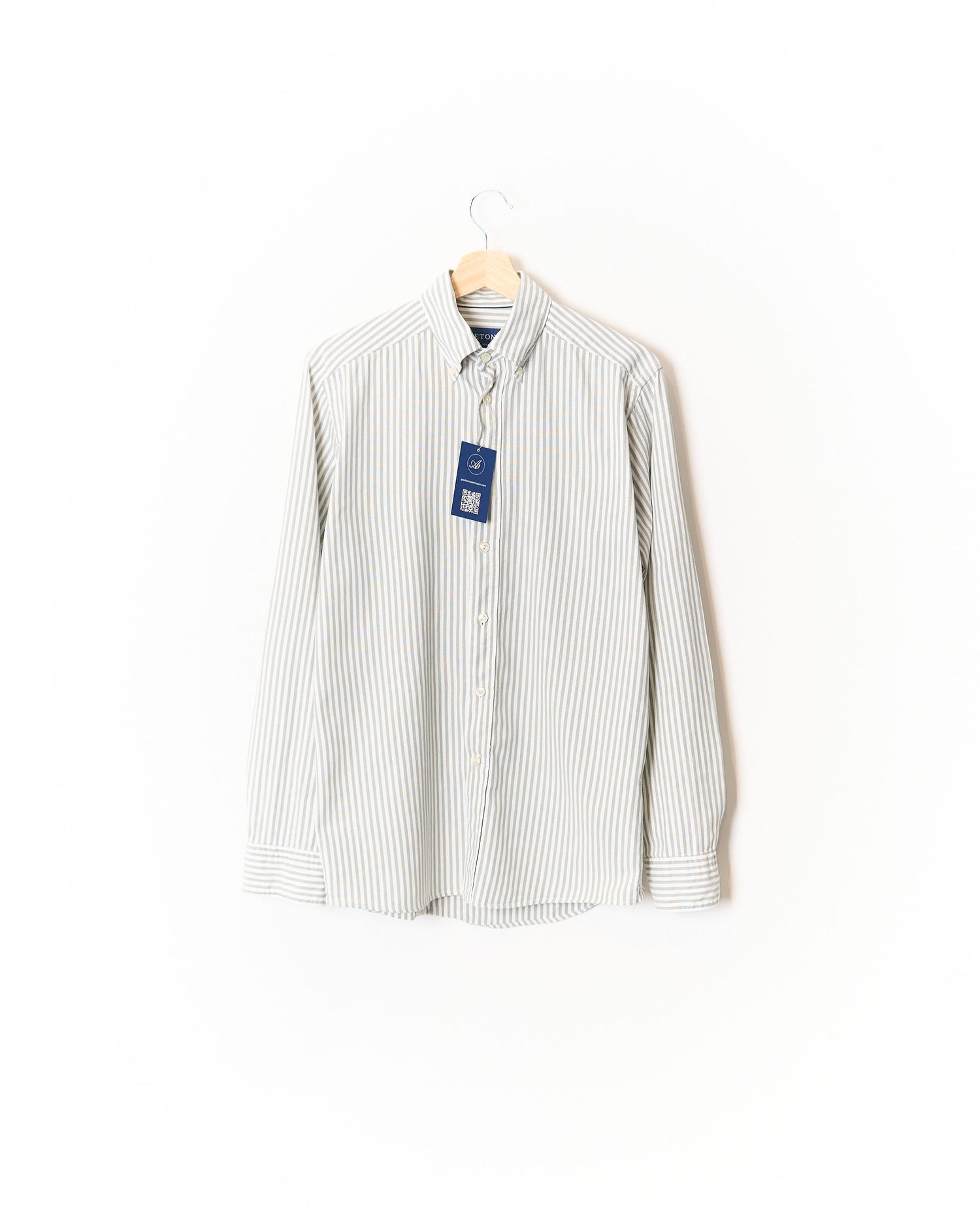 Eton Light Grey and White Striped Slim Button Down Cotton Shirt
