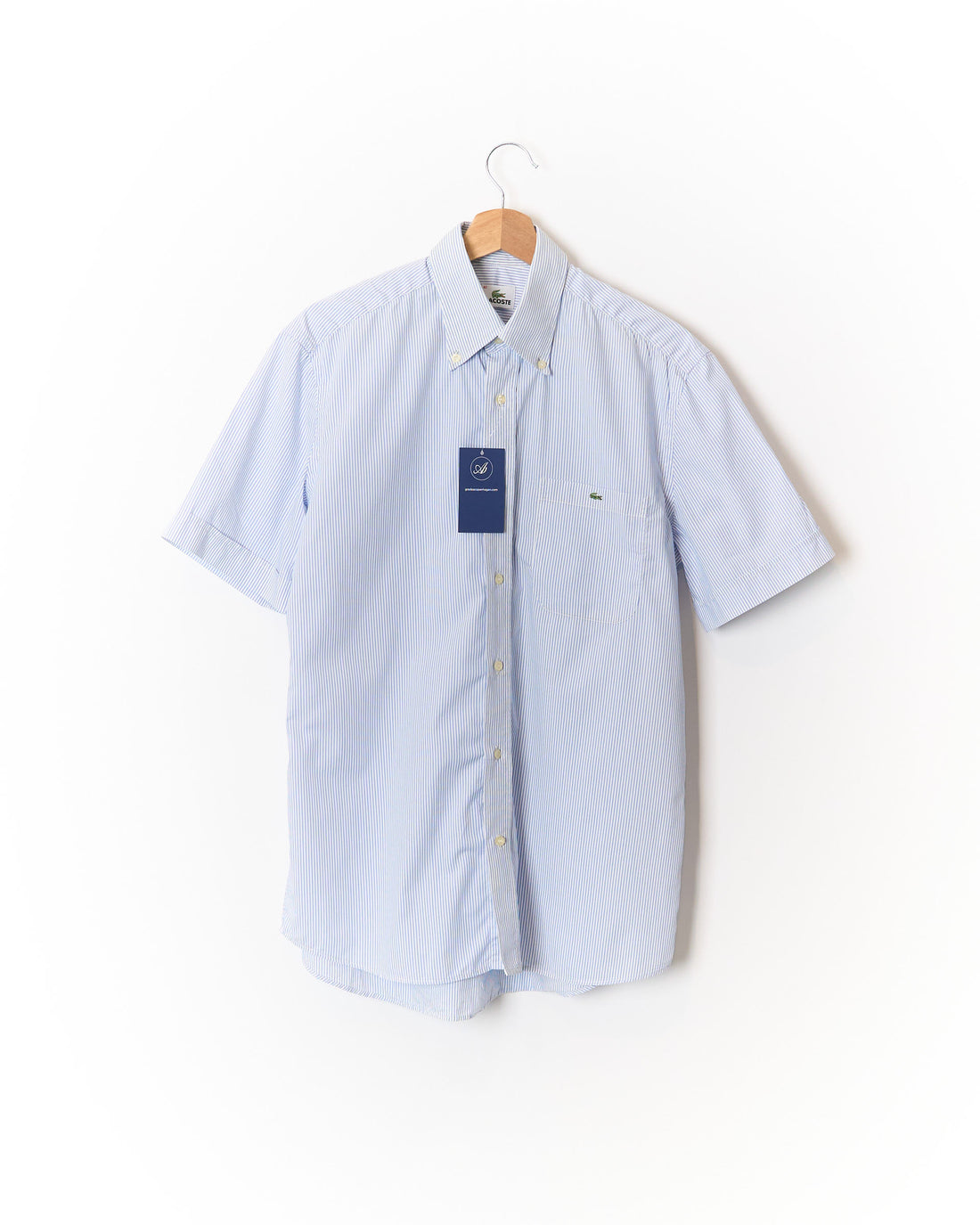 Lacoste Light Blue and White Striped Button Down Short Sleeved Cotton Shirt