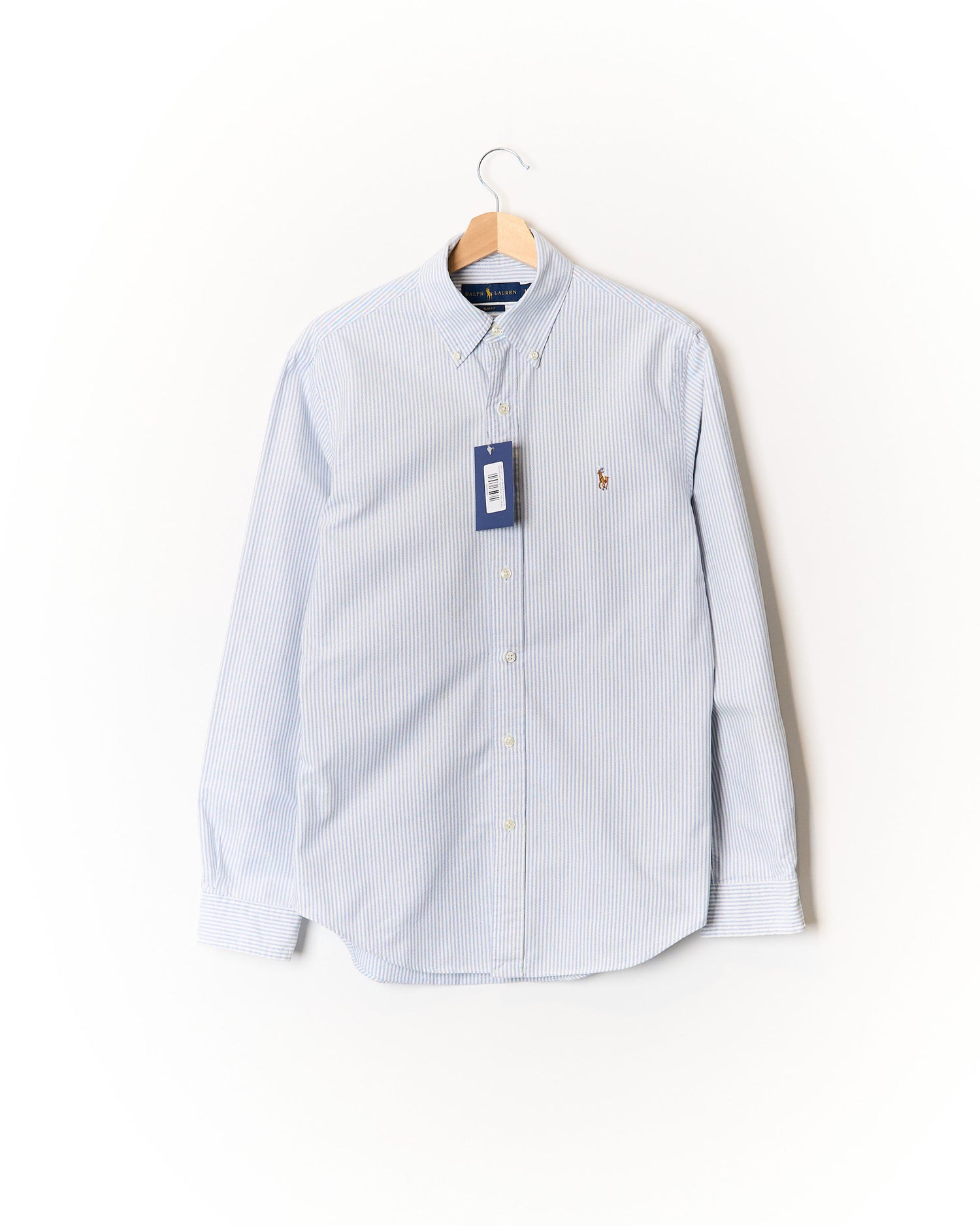 Ralph Lauren Light Blue and White Striped Slim Fit Button Down Oxford Cotton Shirt