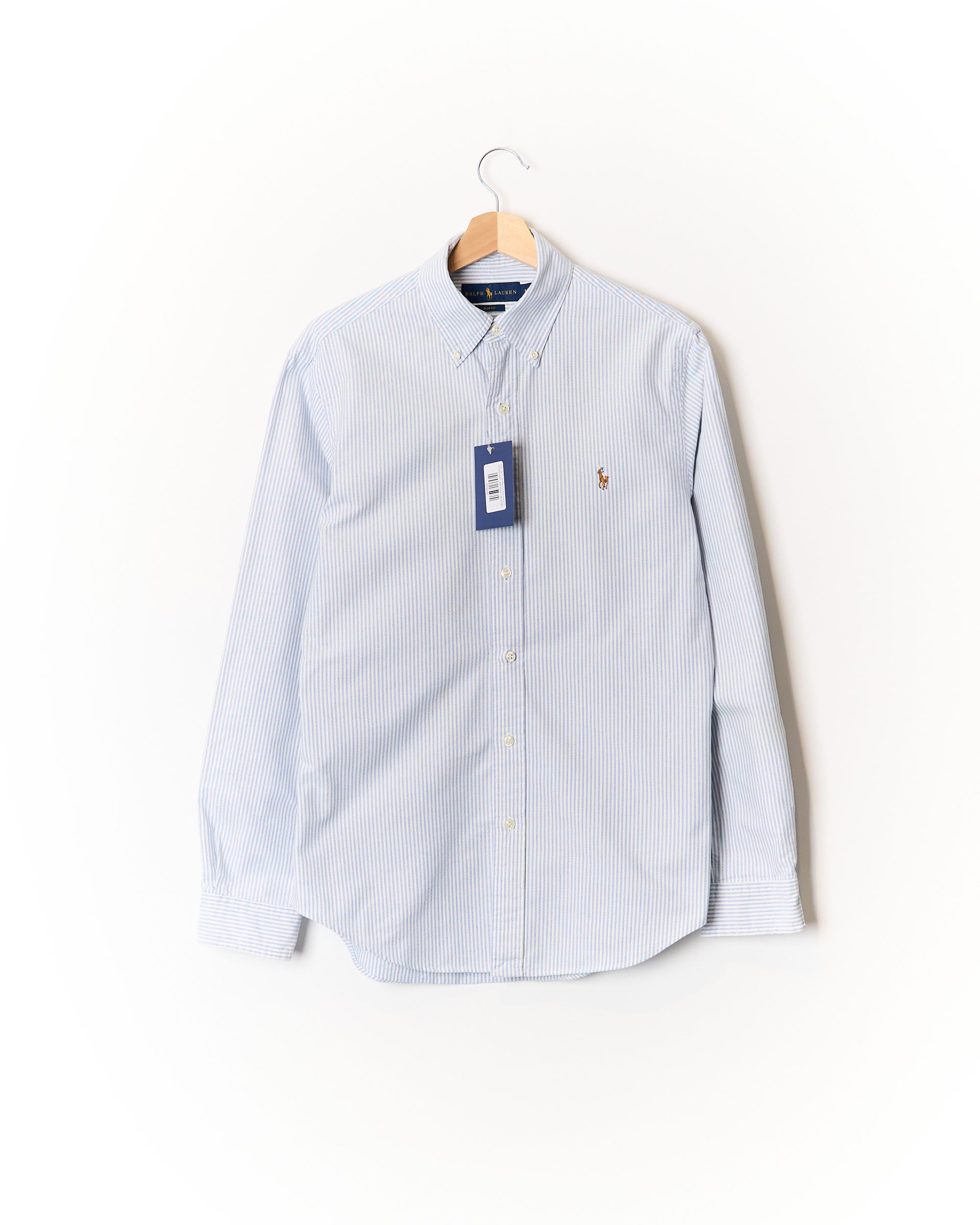 Ralph Lauren Light Blue and White Striped Slim Fit Button Down Oxford Cotton Shirt