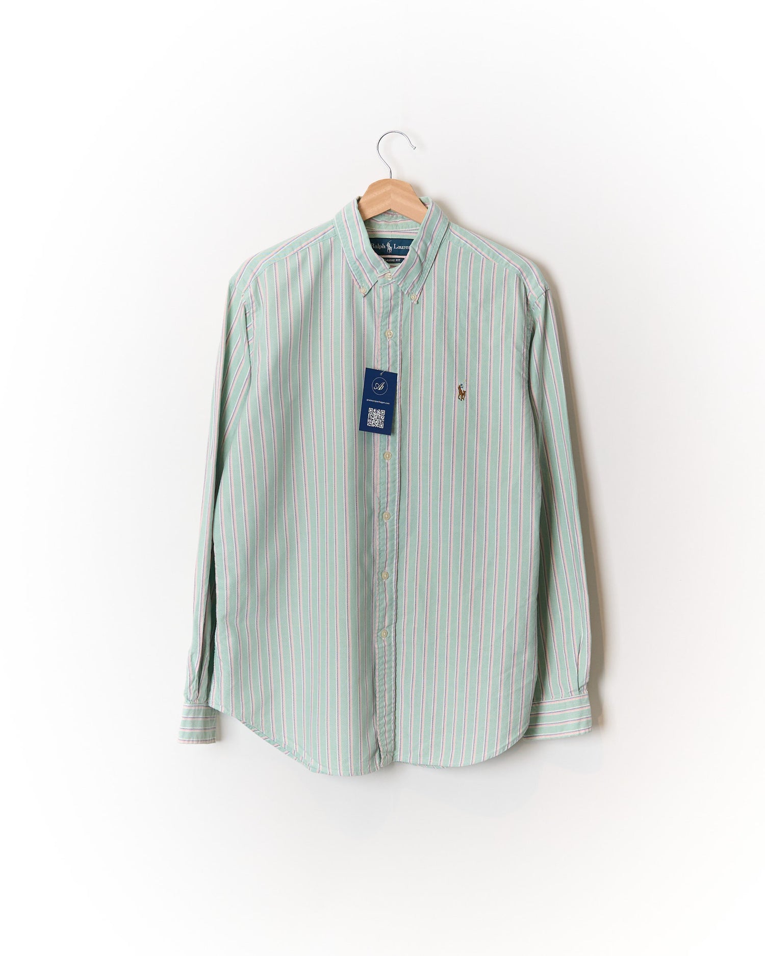 Ralph Lauren Light Green Striped Classic Fit Button Down Cotton Shirt