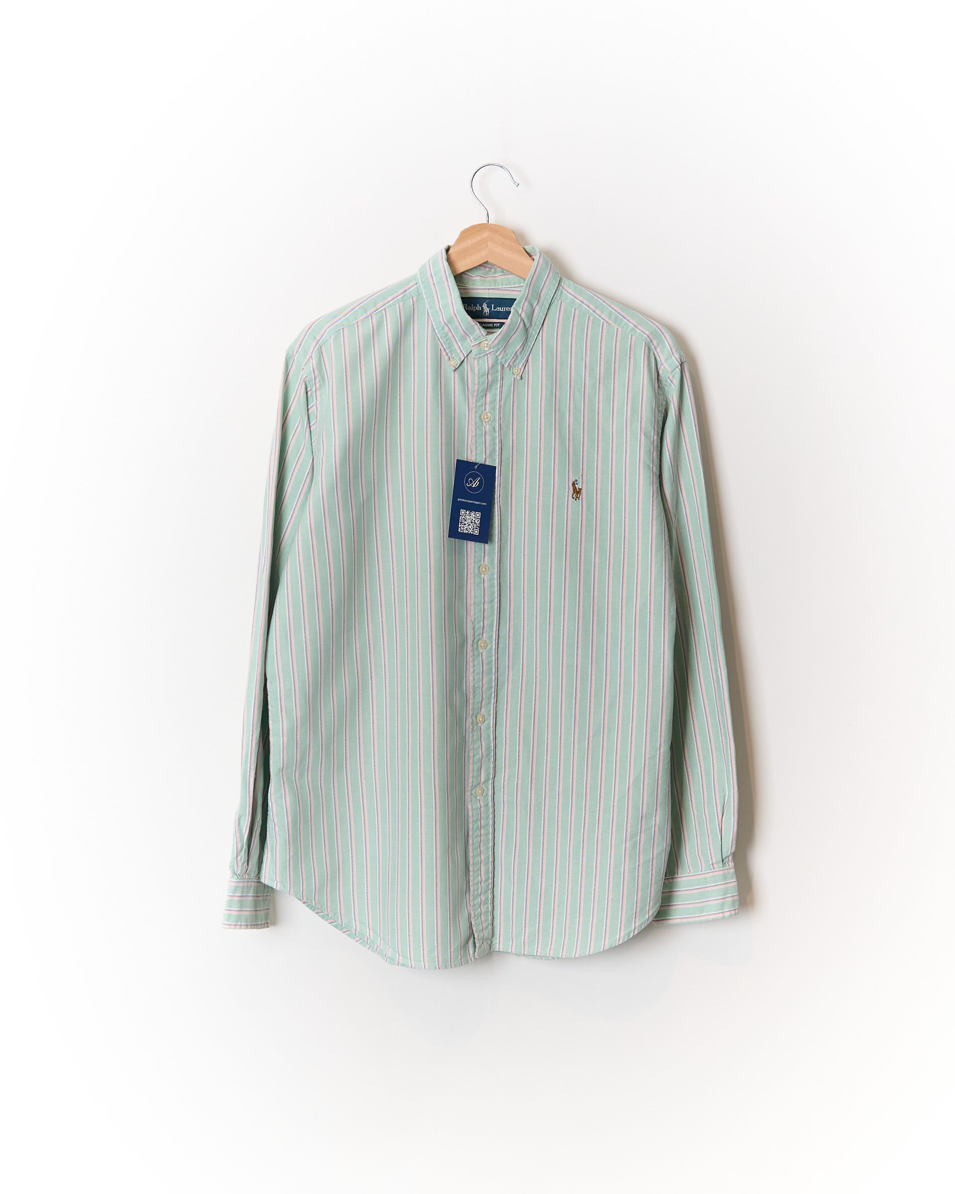 Ralph Lauren Light Green Striped Classic Fit Button Down Cotton Shirt