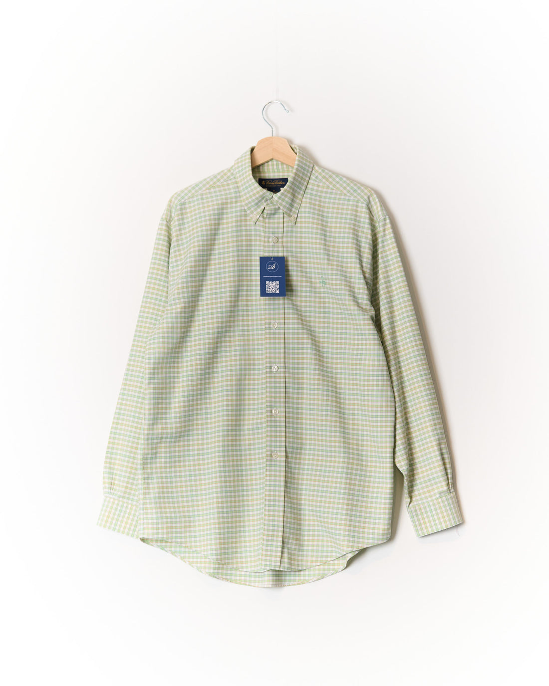 Brooks Brothers Light Green and White Checkered Non Iron Button Down Cotton Shirt