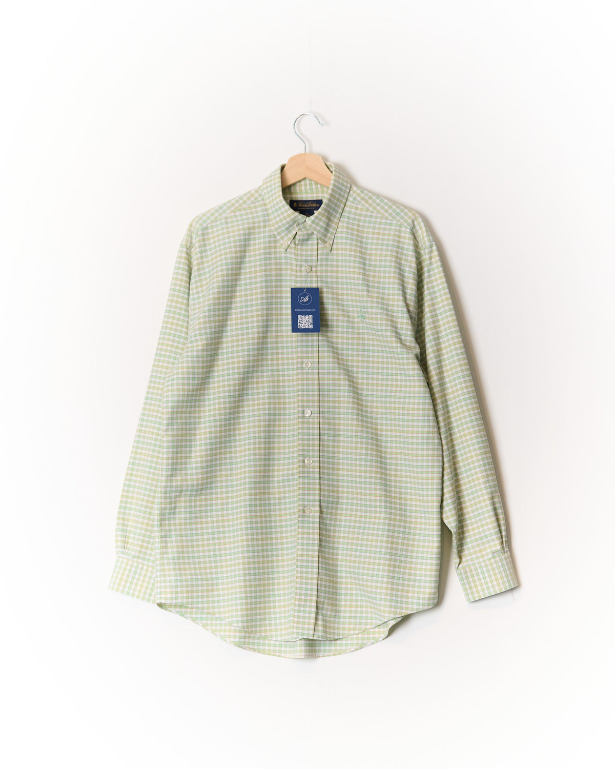 Brooks Brothers Light Green and White Checkered Non Iron Button Down Cotton Shirt