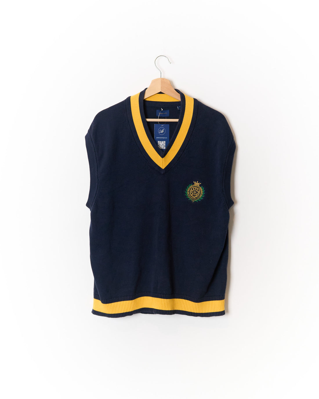 Gant Navy and Yellow Crest Logo Cotton Knit Vest