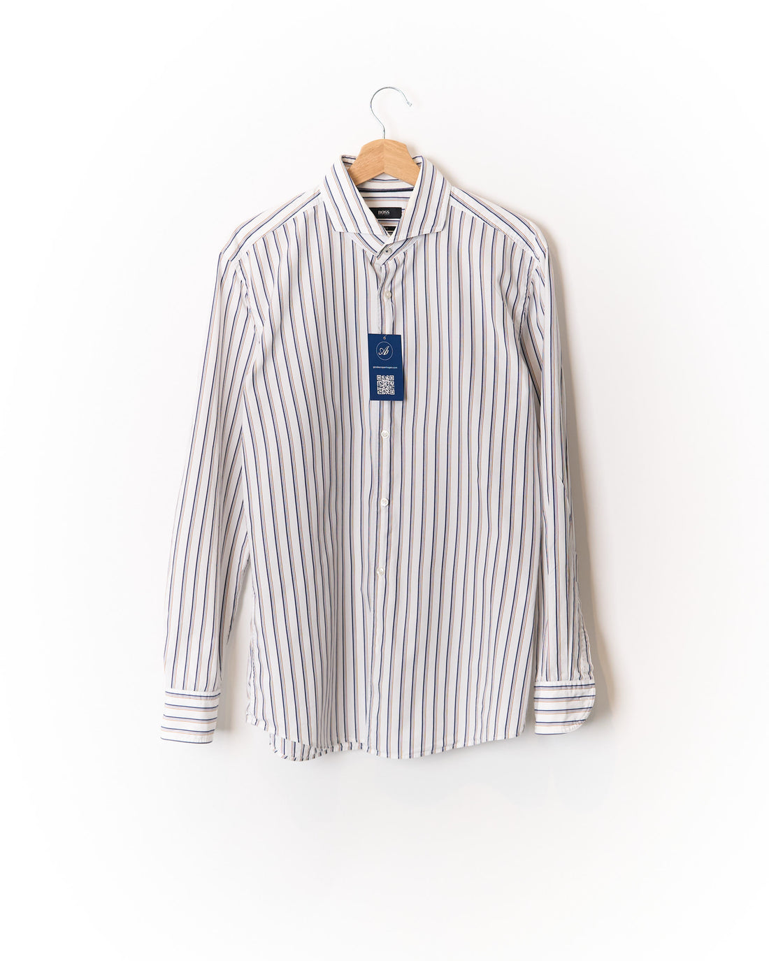 Hugo Boss White, Navy and Dark Yellow Striped Slim Fit Cotton Shirt