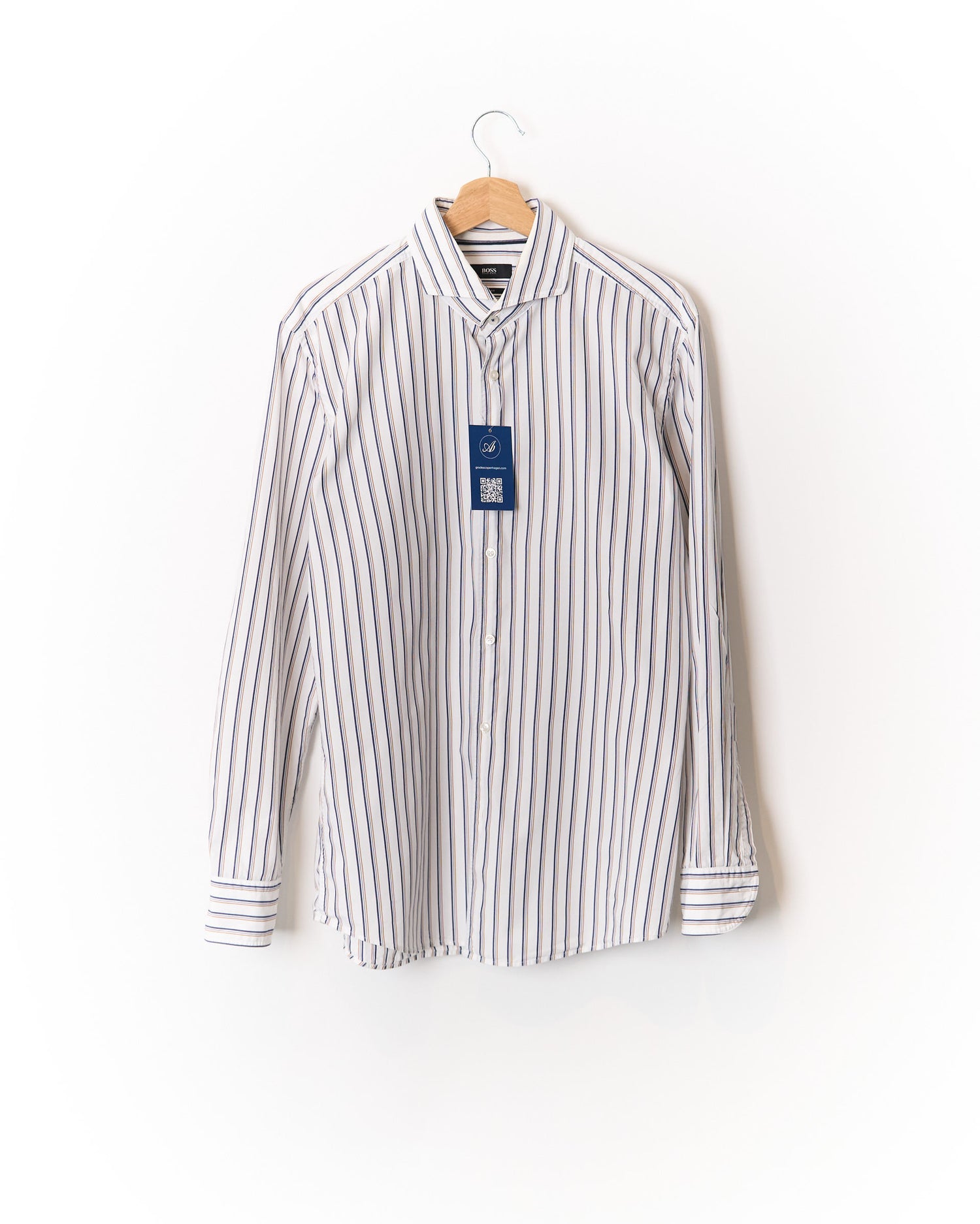 Hugo Boss White, Navy and Dark Yellow Striped Slim Fit Cotton Shirt