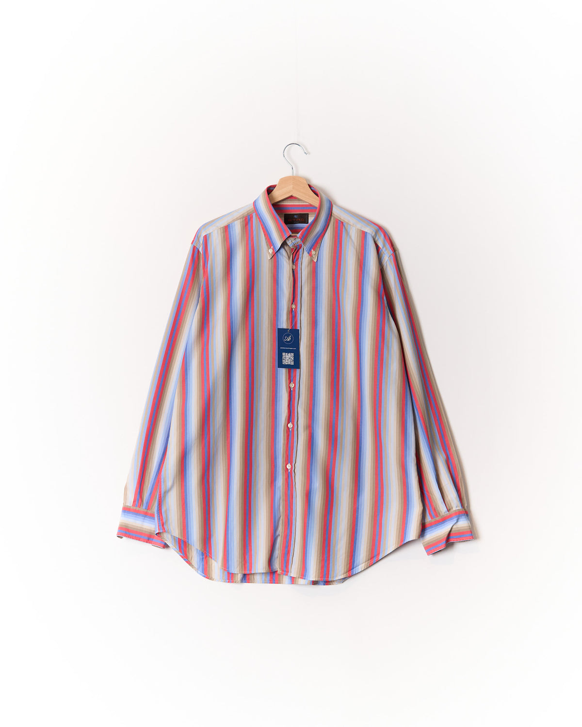 Etro Milano Blue, Red and Brown Striped Button Down Cotton Shirt