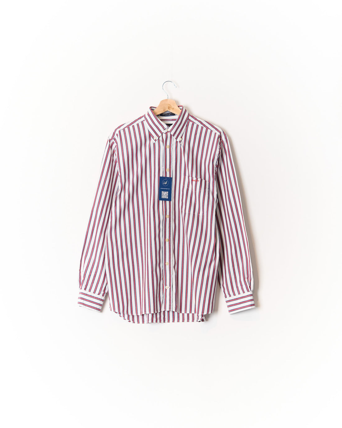 Gant White, Red and Navy Striped Pinpoint Oxford Regular Fit Button Down Cotton Shirt