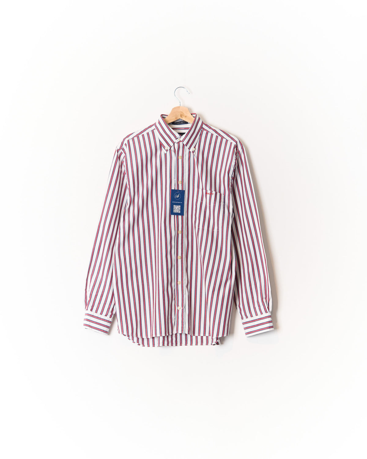 Gant White, Red and Navy Striped Pinpoint Oxford Regular Fit Button Down Cotton Shirt