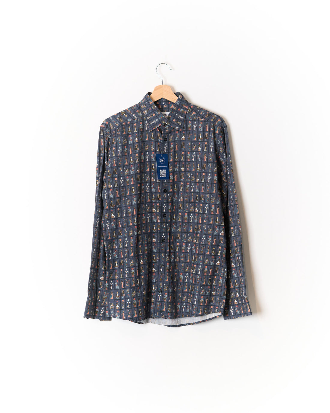 Eton Light Dark Blue Egyptian Print Slim Cotton Shirt
