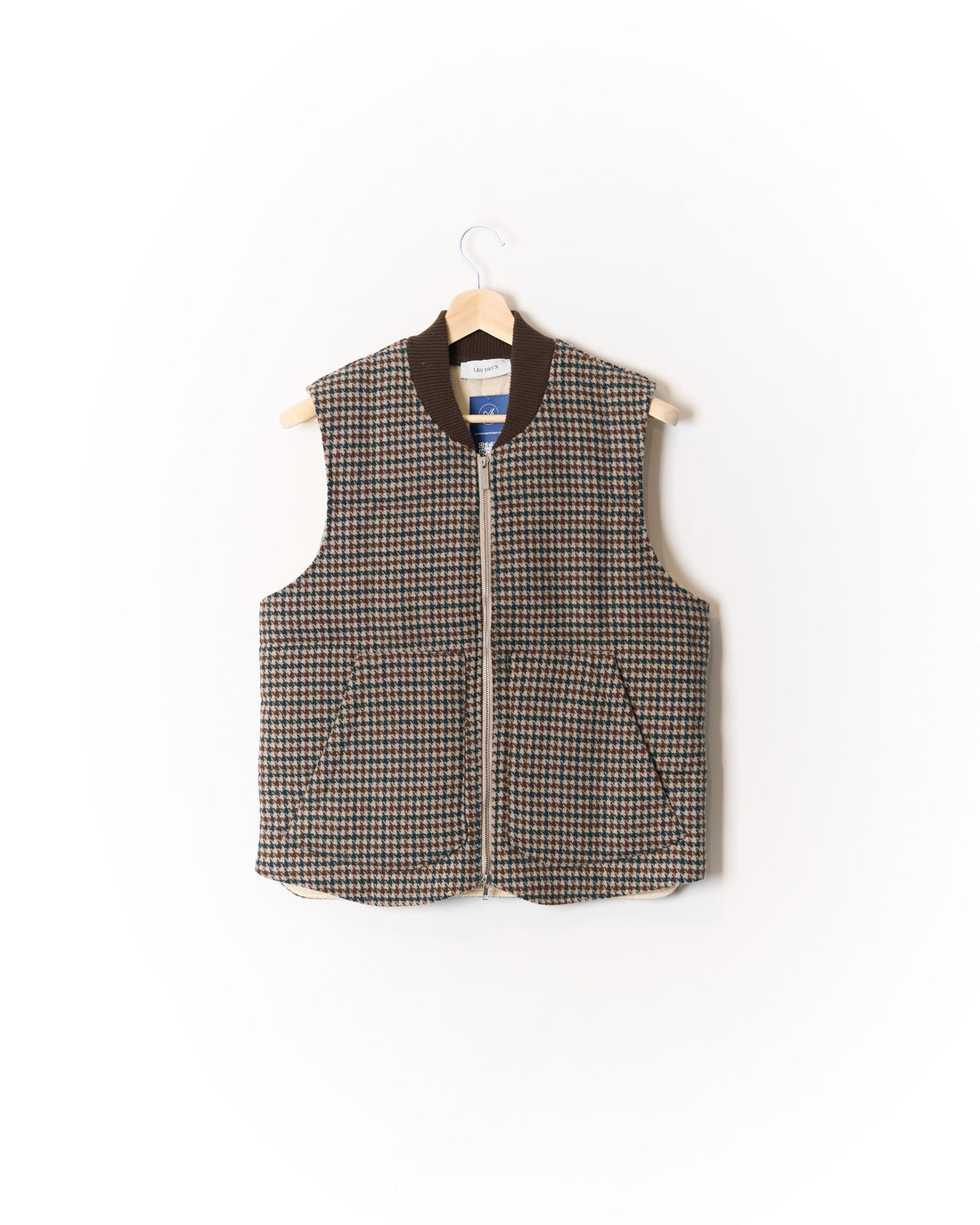 Les Deux Michael Houndstooth Wool Vest in Beige, Brown and Green