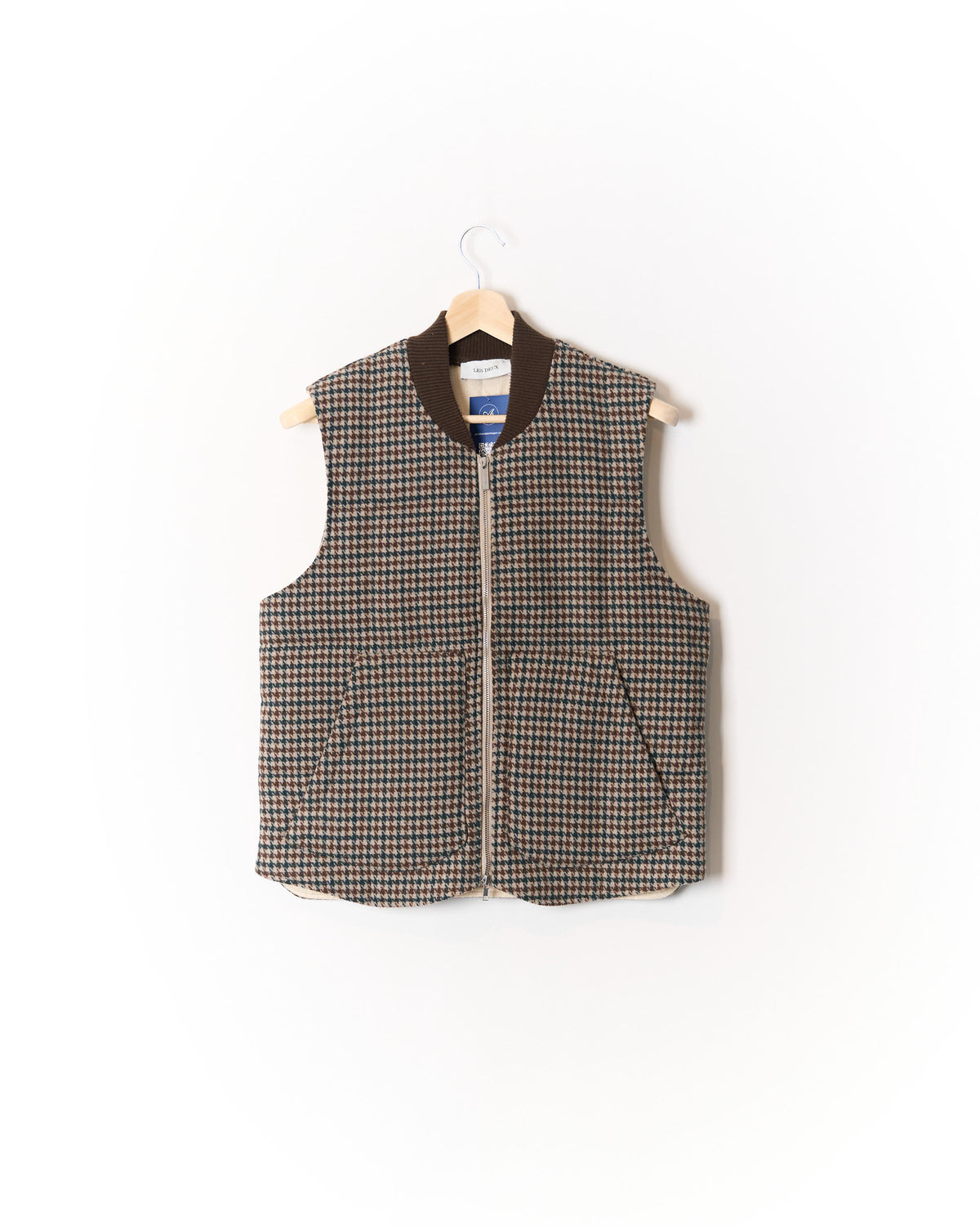 Les Deux Michael Houndstooth Wool Vest in Beige, Brown and Green