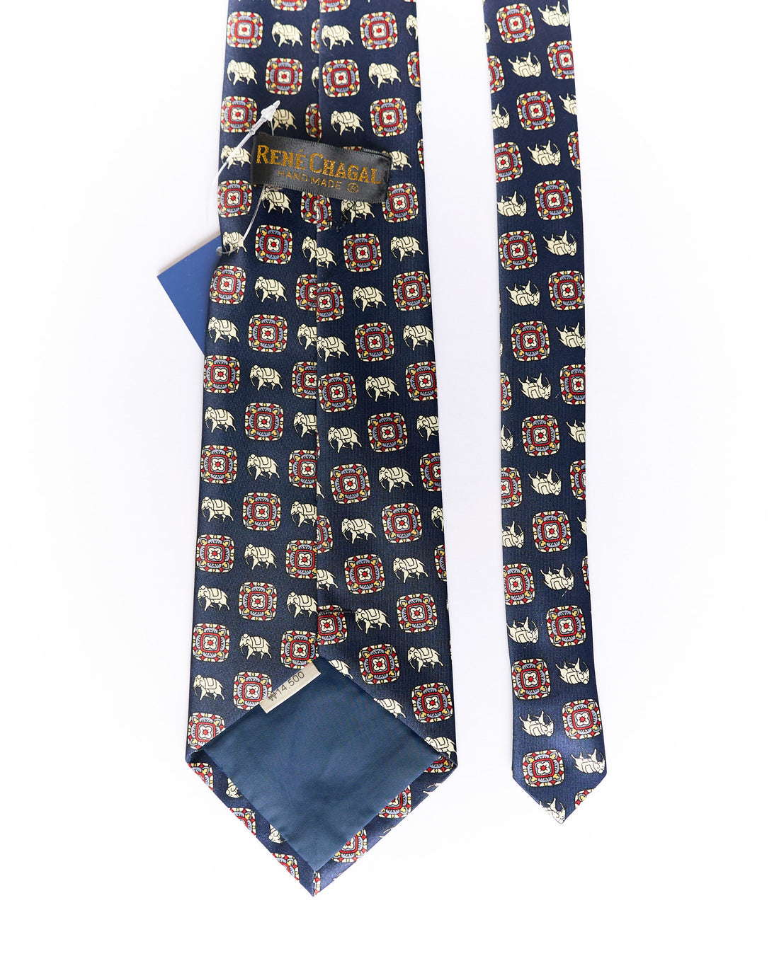 René Chagal Navy Elephant Print Hand Made Silk Tie