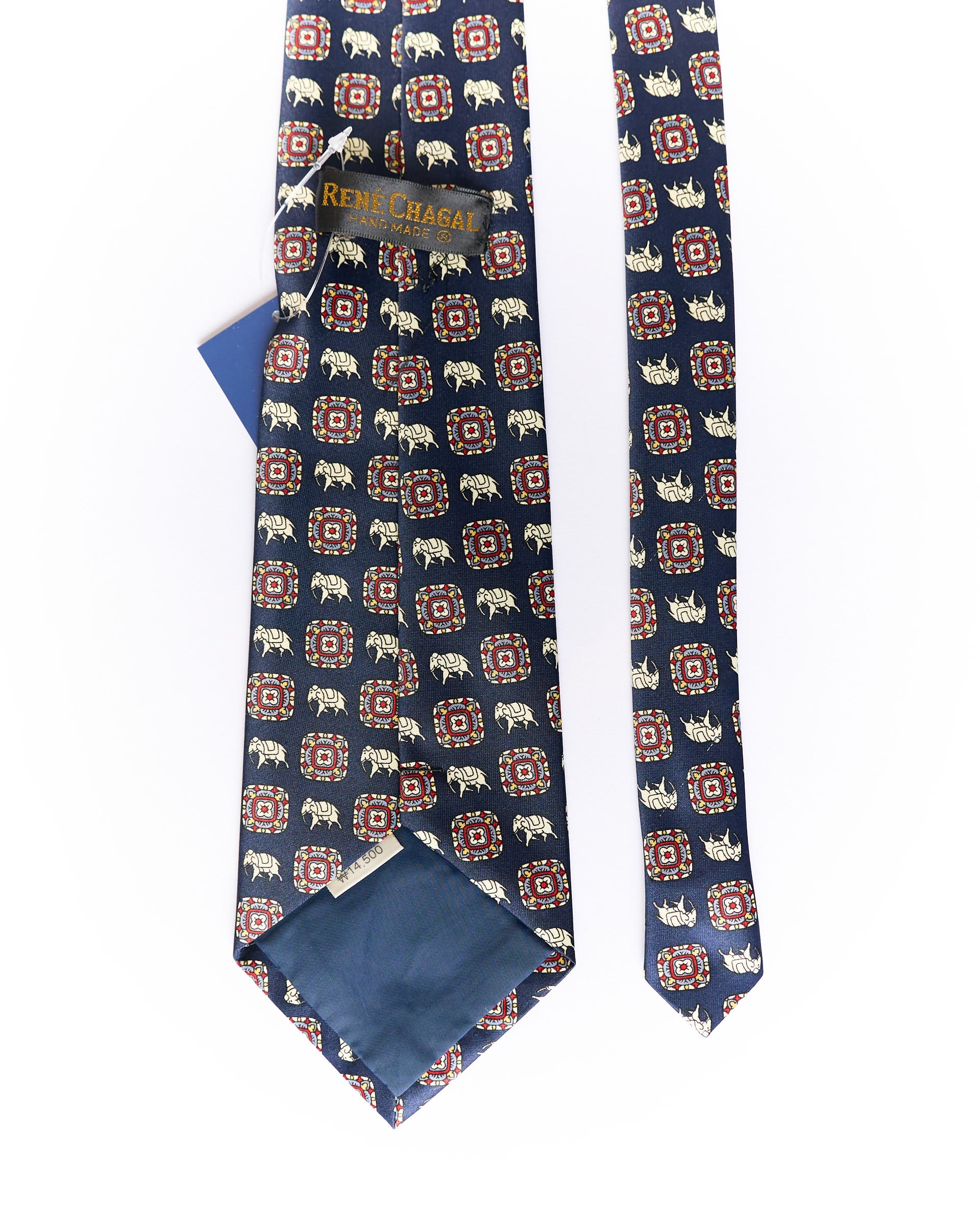 René Chagal Navy Elephant Print Hand Made Silk Tie