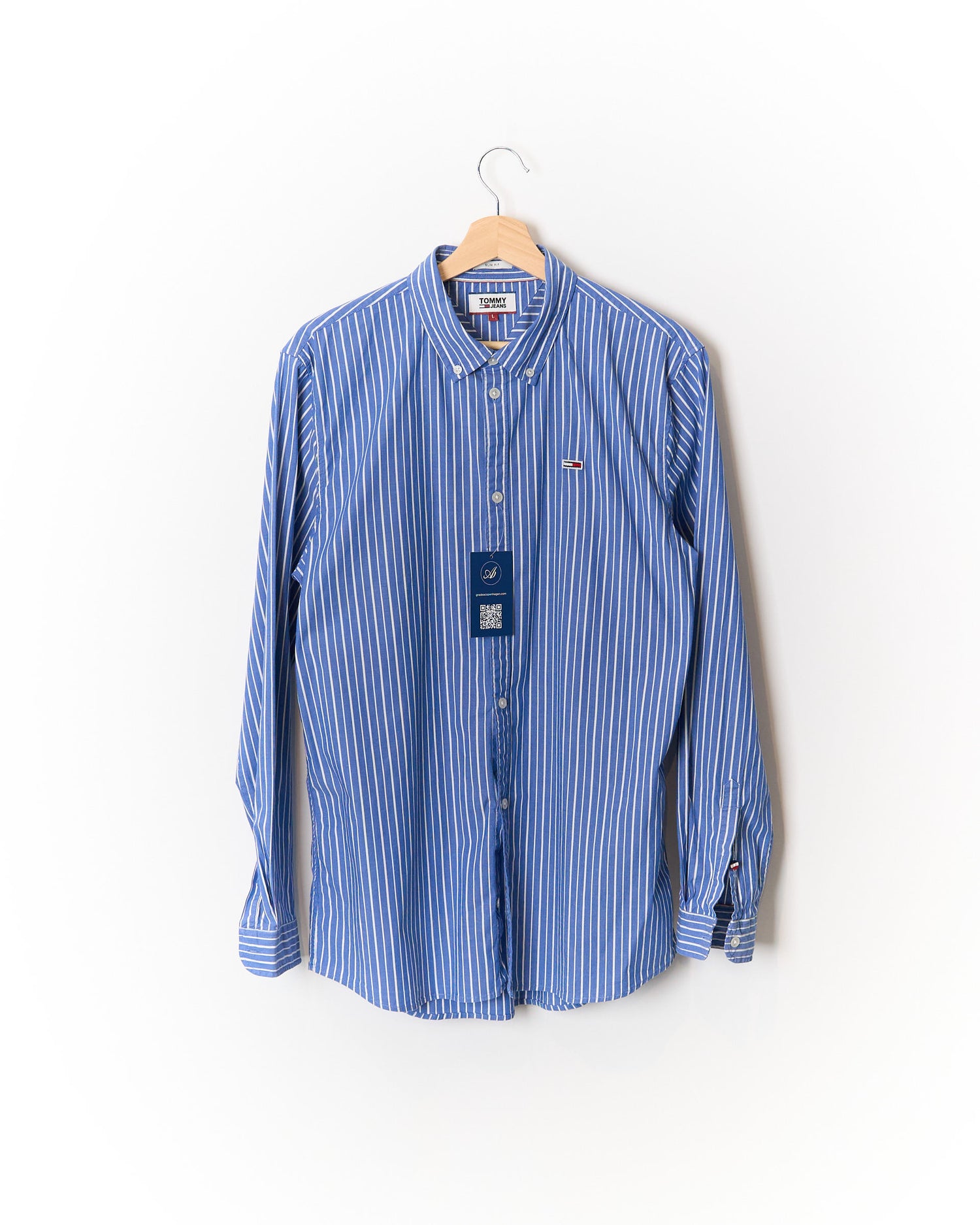 Tommy Hilfiger Blue and White Striped Slim Fit Button Down Cotton Shirt
