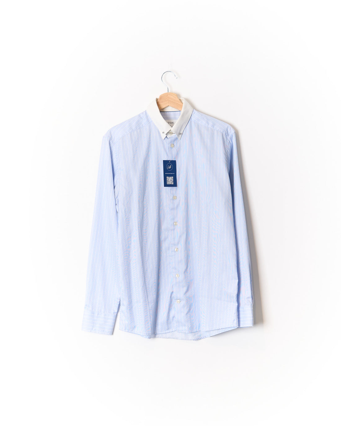 Eton Light Blue and White Striped Banker Collar Bar Slim Cotton Shirt