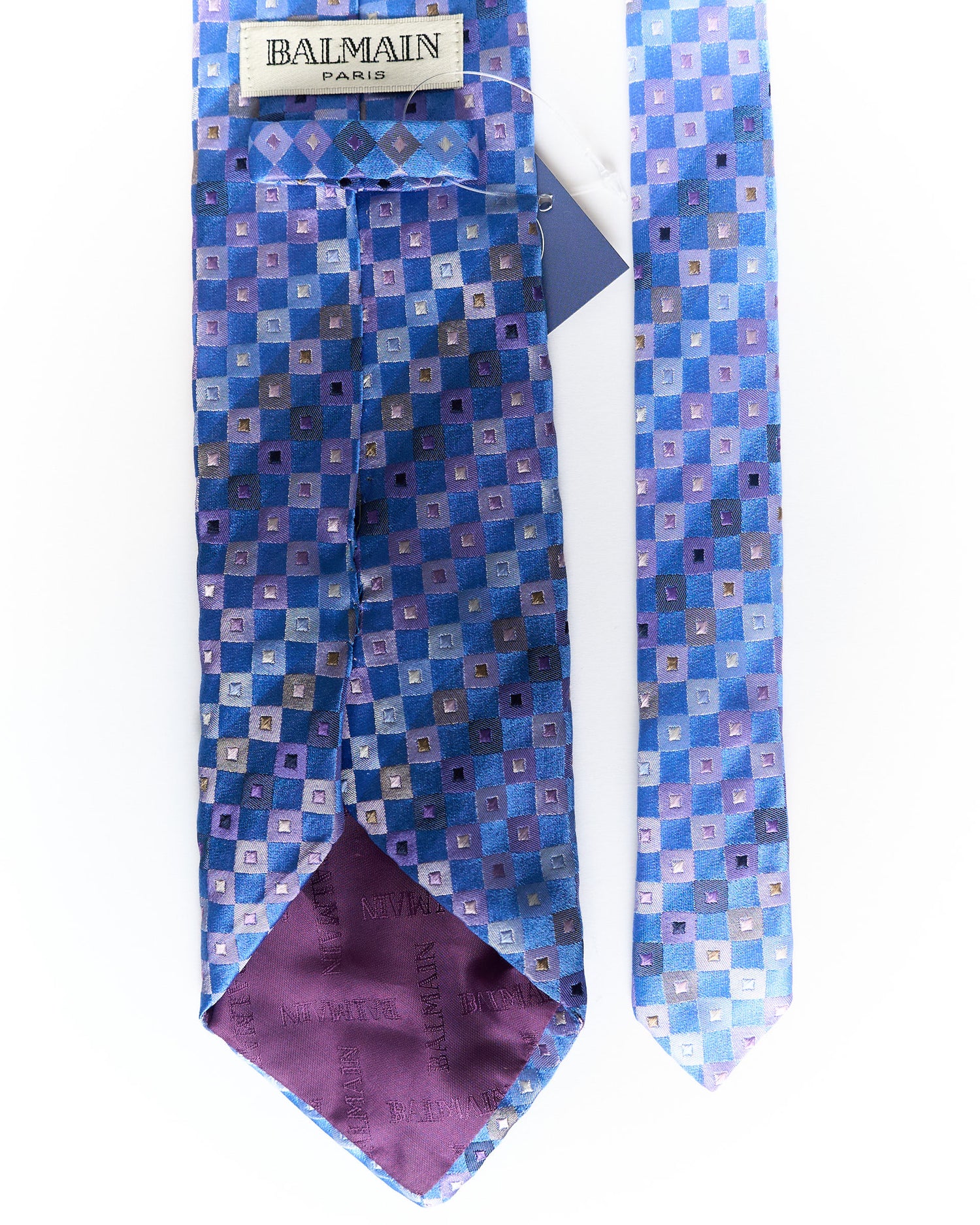 Balmain Paris Blue and Purple Checkered Silk Tie