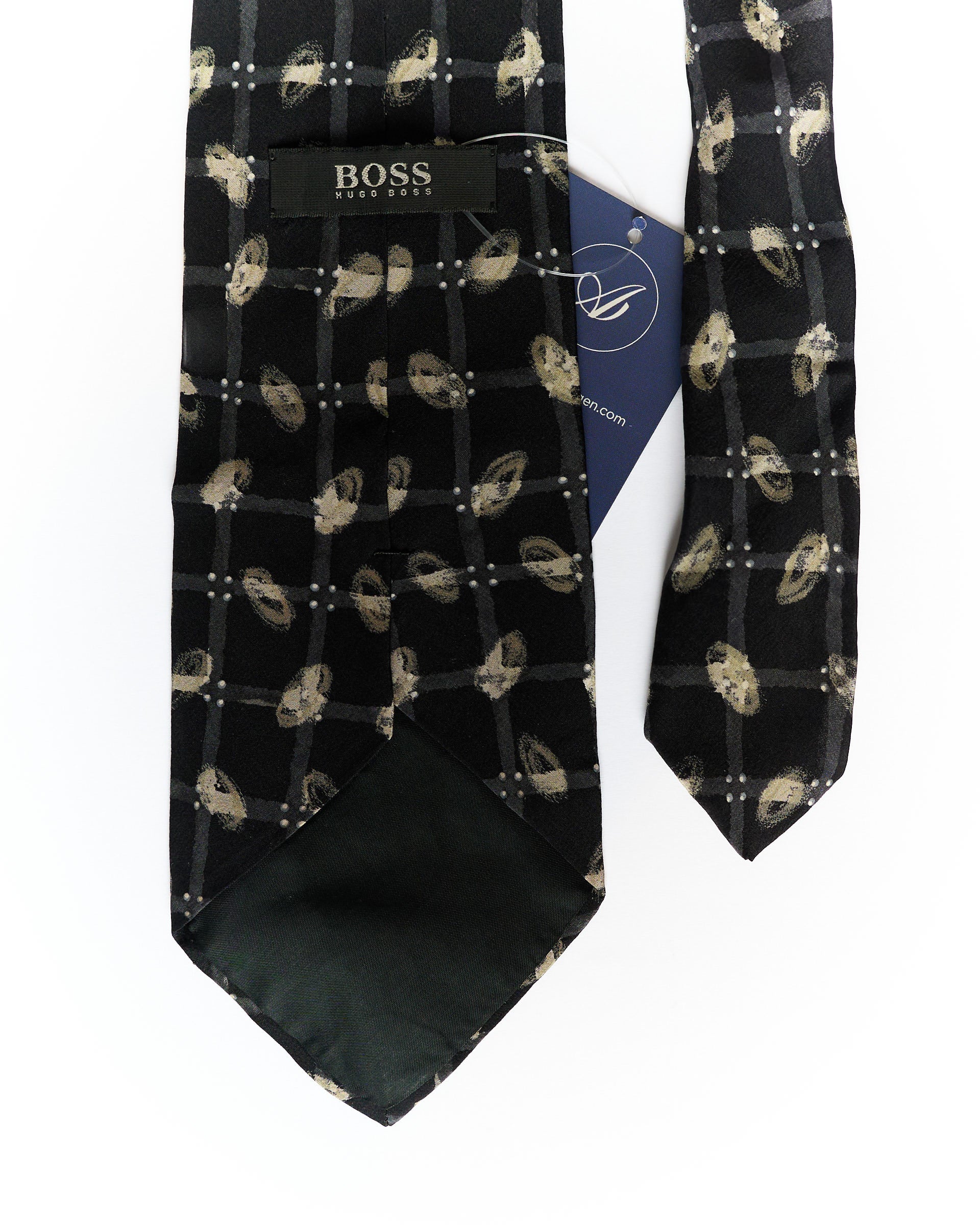 Hugo Boss Black and Beige Checkered and Dotted Silk Tie