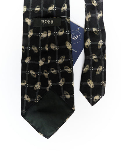 Hugo Boss Black and Beige Checkered and Dotted Silk Tie