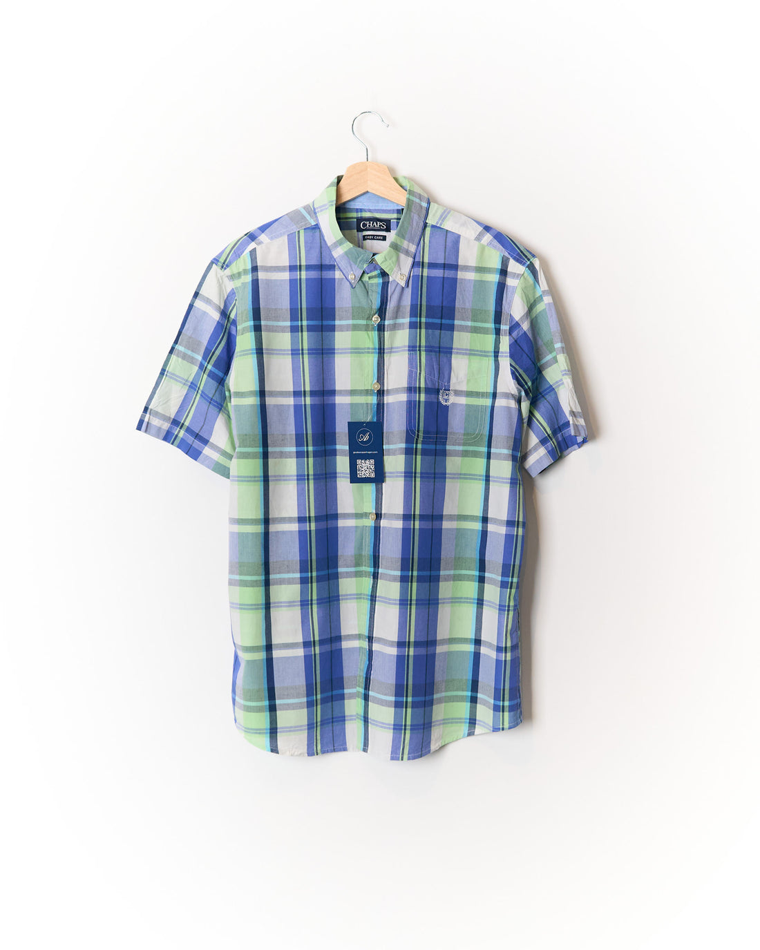 Ralph Lauren Chaps Light Green and Blue Checkered Button Down Easy Care Short Sleeved Cotton Shirt