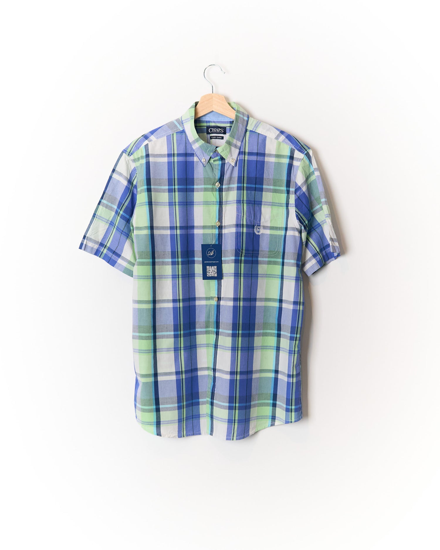 Ralph Lauren Chaps Light Green and Blue Checkered Button Down Easy Care Short Sleeved Cotton Shirt