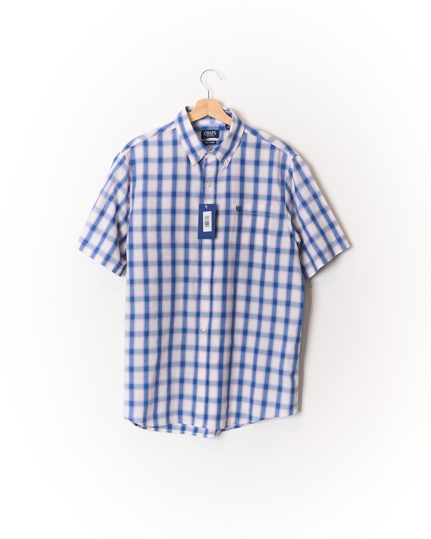 Ralph Lauren Chaps White, Blue and Pink Checkered Button Down Easy Care Short Sleeved Cotton Shirt