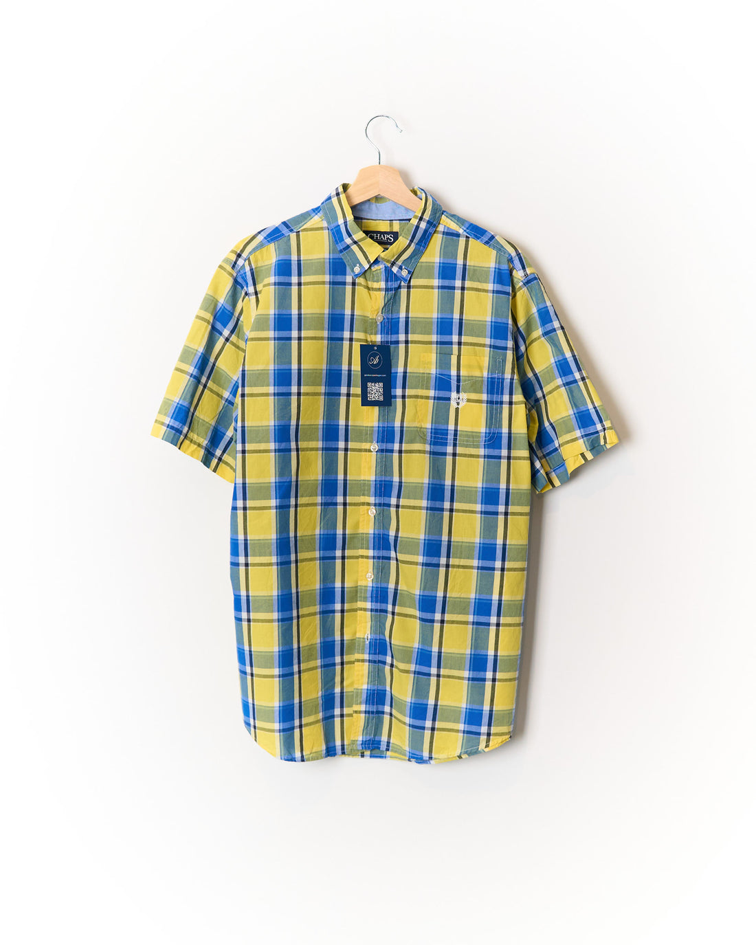 Ralph Lauren Chaps Yellow and Blue Checkered Button Down Easy Care Short Sleeved Cotton Shirt