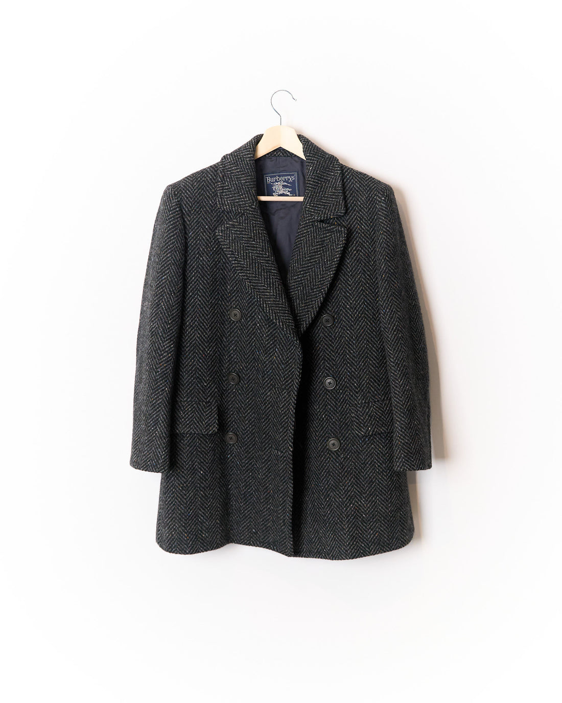 Burberry Dark Grey Herringbone British Tweed Double Chested Wool Coat