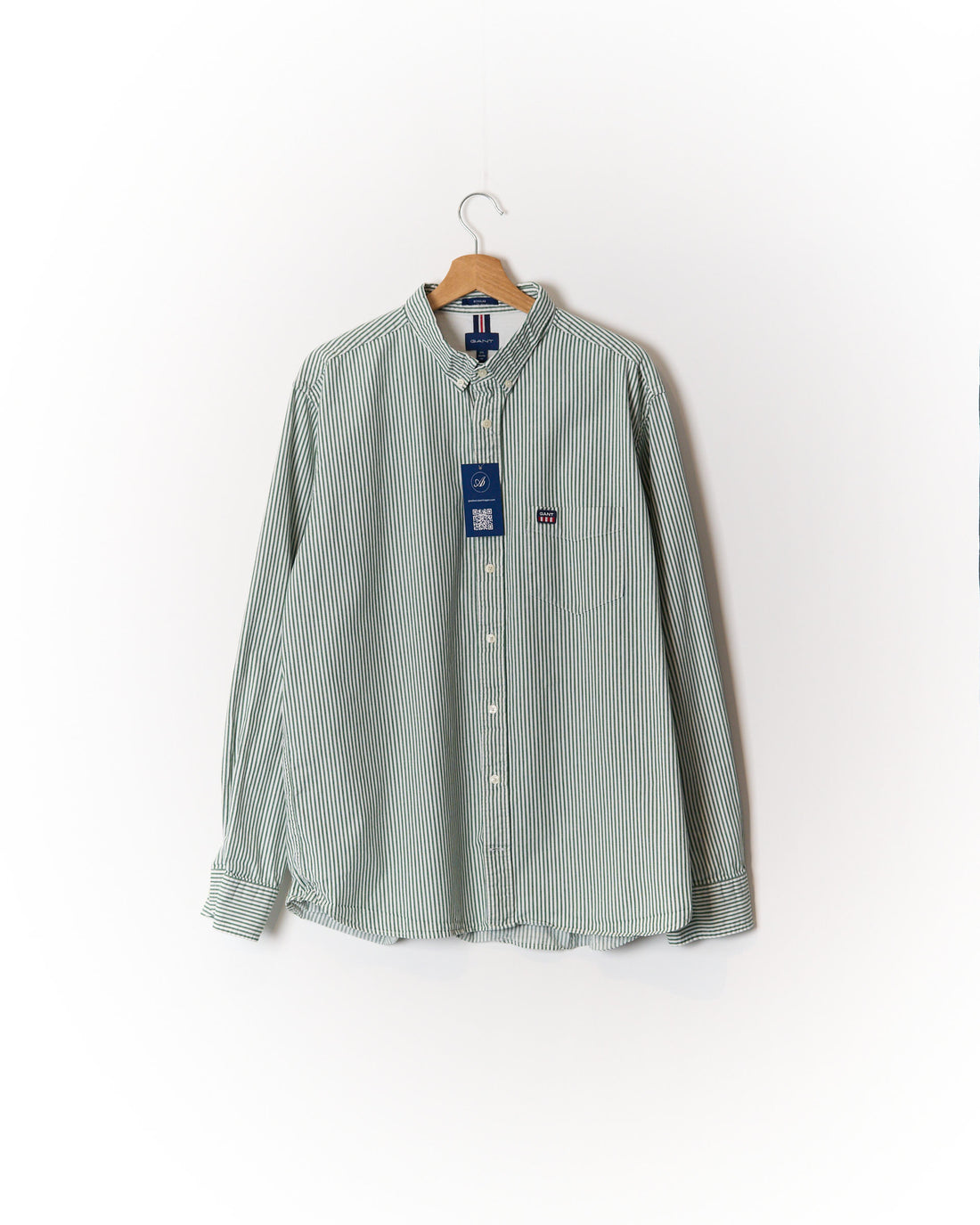 Gant Green and White Striped Regular Button Down Cotton Shirt