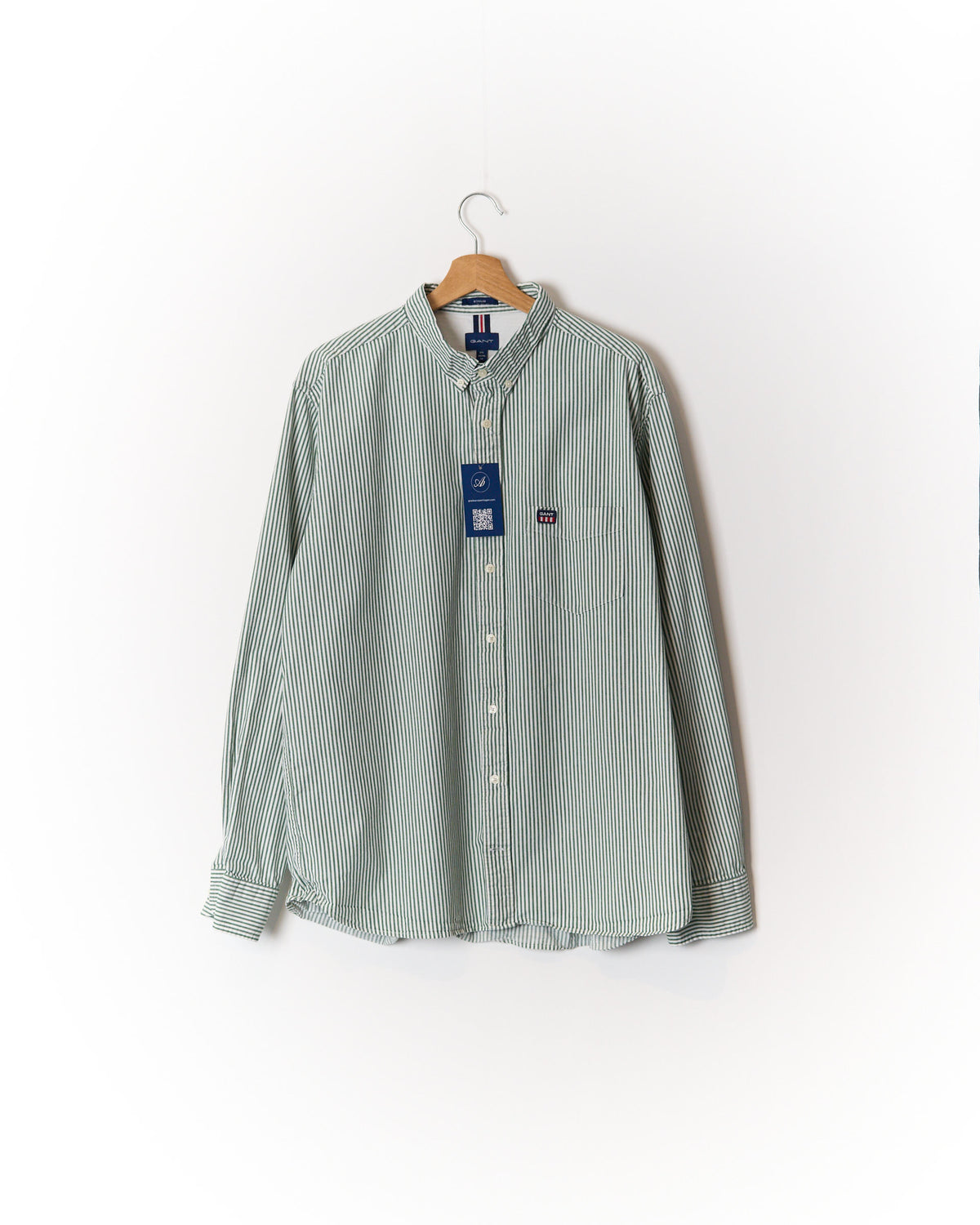 Gant Green and White Striped Regular Button Down Cotton Shirt