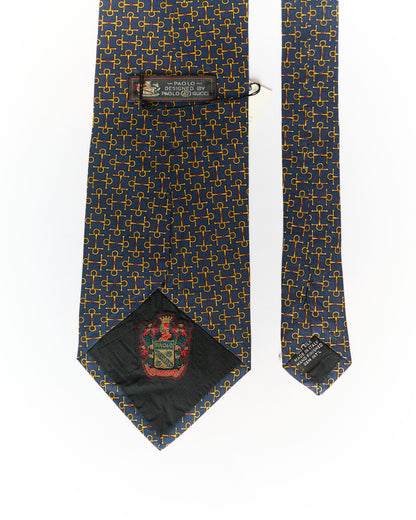 Paolo Gucci Vintage Marineblau mit goldenem Gucci Horsebit Foulard-Motiv Seidenkrawatte