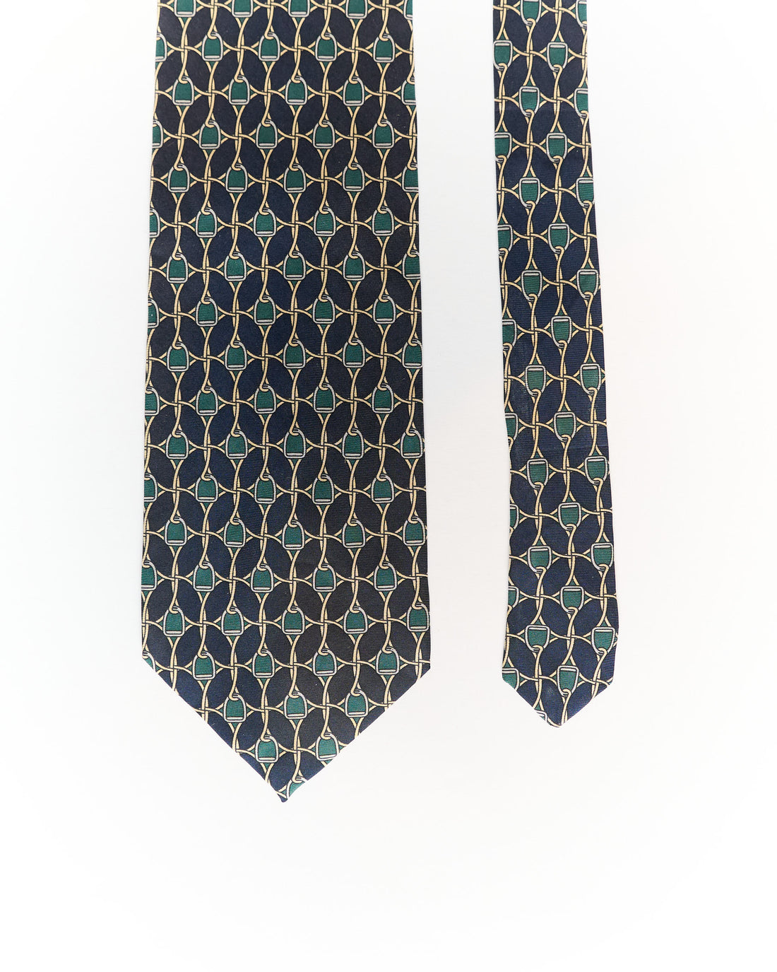 Paolo Gucci Vintage Green and Navy Equestrian Stirrup Foulard Pattern Silk Tie