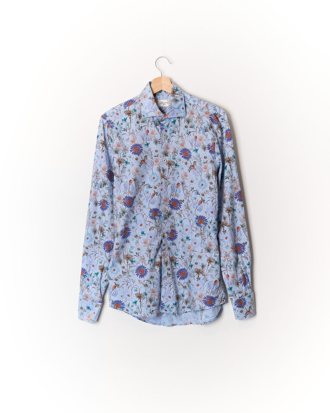 Stenströms Light Blue Flower Print Slimline Cotton Shirt